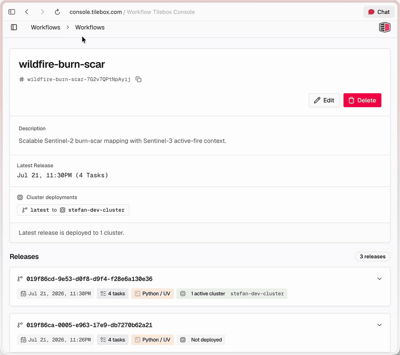 Deploying a workflow release to a cluster and rolling the cluster back to an earlier release in the Tilebox Console