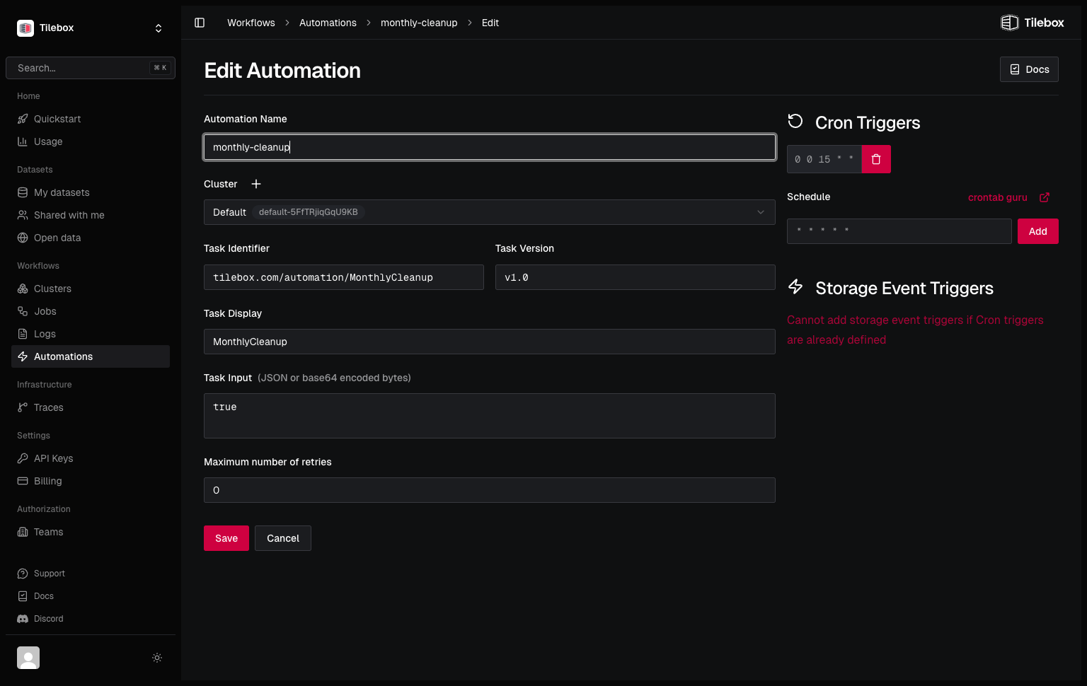 Tilebox Workflows automations in the Tilebox Console