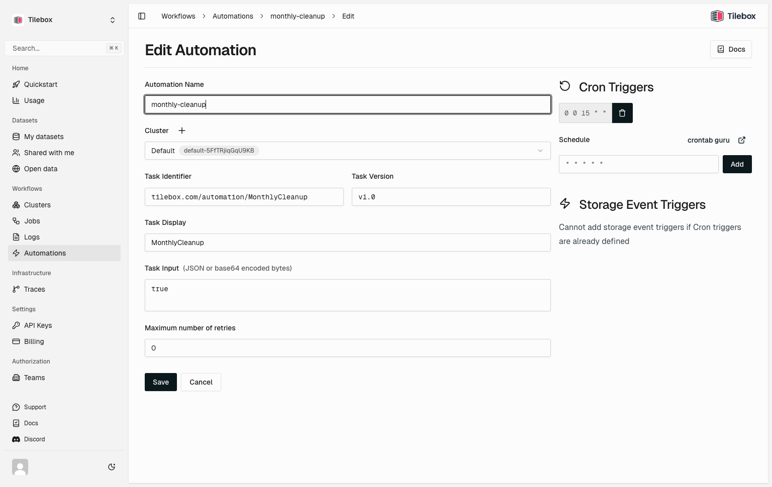 Tilebox Workflows automations in the Tilebox Console