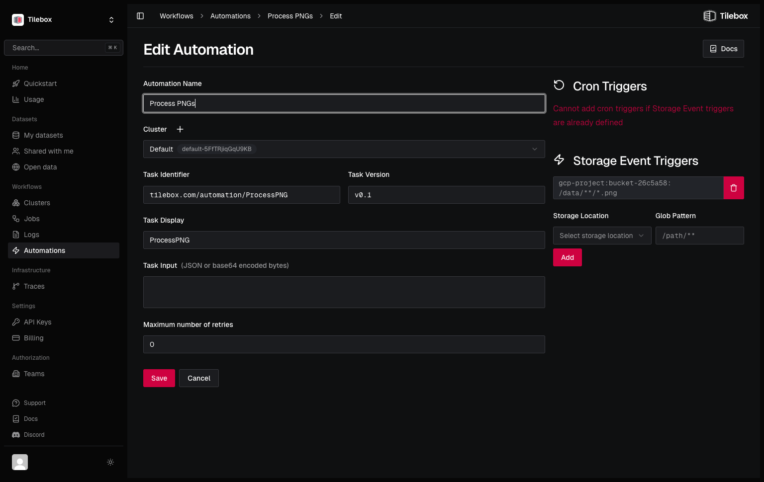 Tilebox Workflows automations in the Tilebox Console