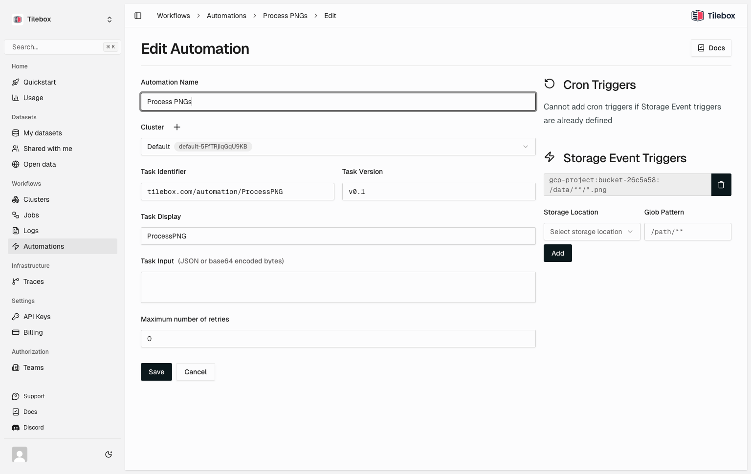 Tilebox Workflows automations in the Tilebox Console