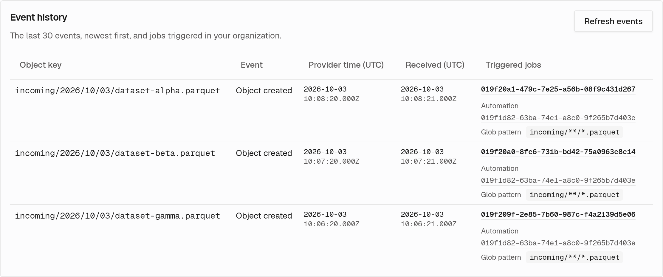 Storage event history showing three example file arrivals with links to triggered jobs and automation details.