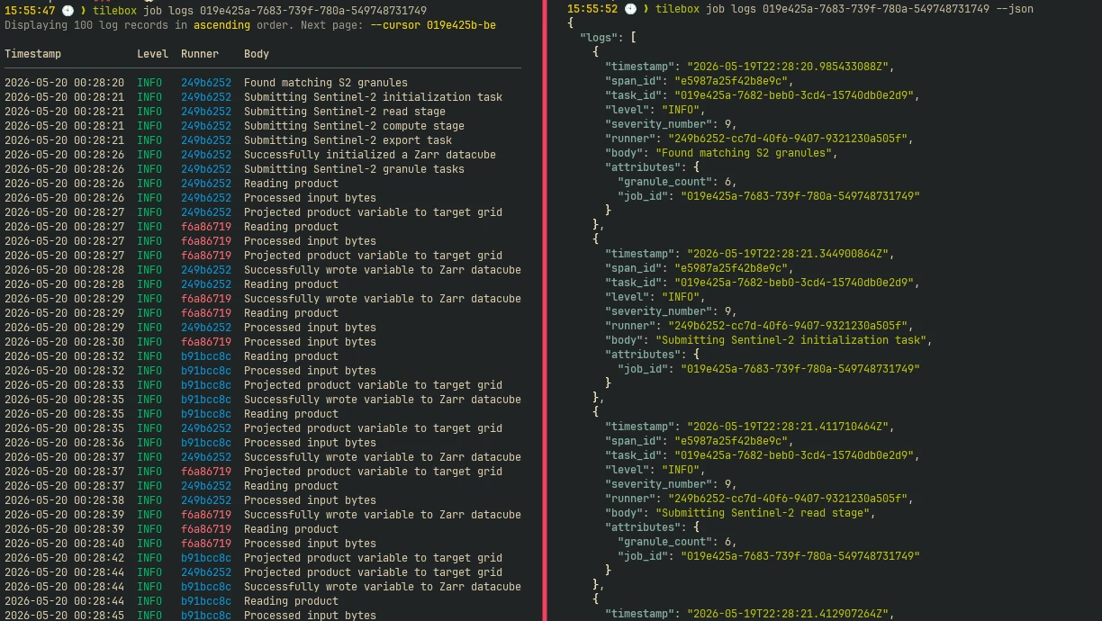 Tilebox CLI human-readable terminal output beside structured output for agents