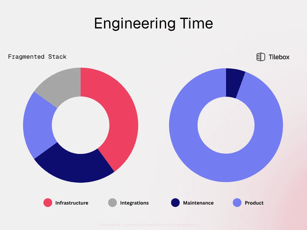 Engineering time split between infrastructure and product development, compared in two donut charts