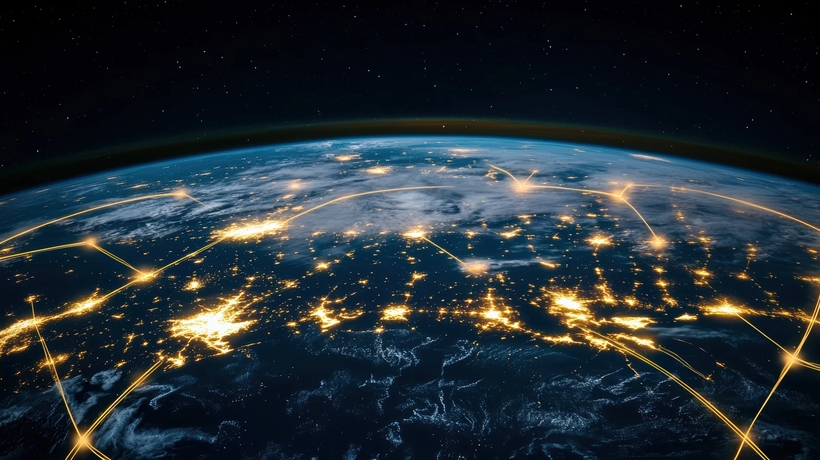 Earth at night with illuminated cities and network connections